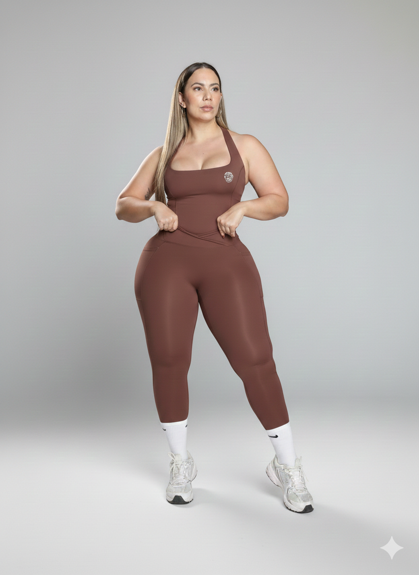 Set Activewear Coffee Top y Leggin con bolsillos