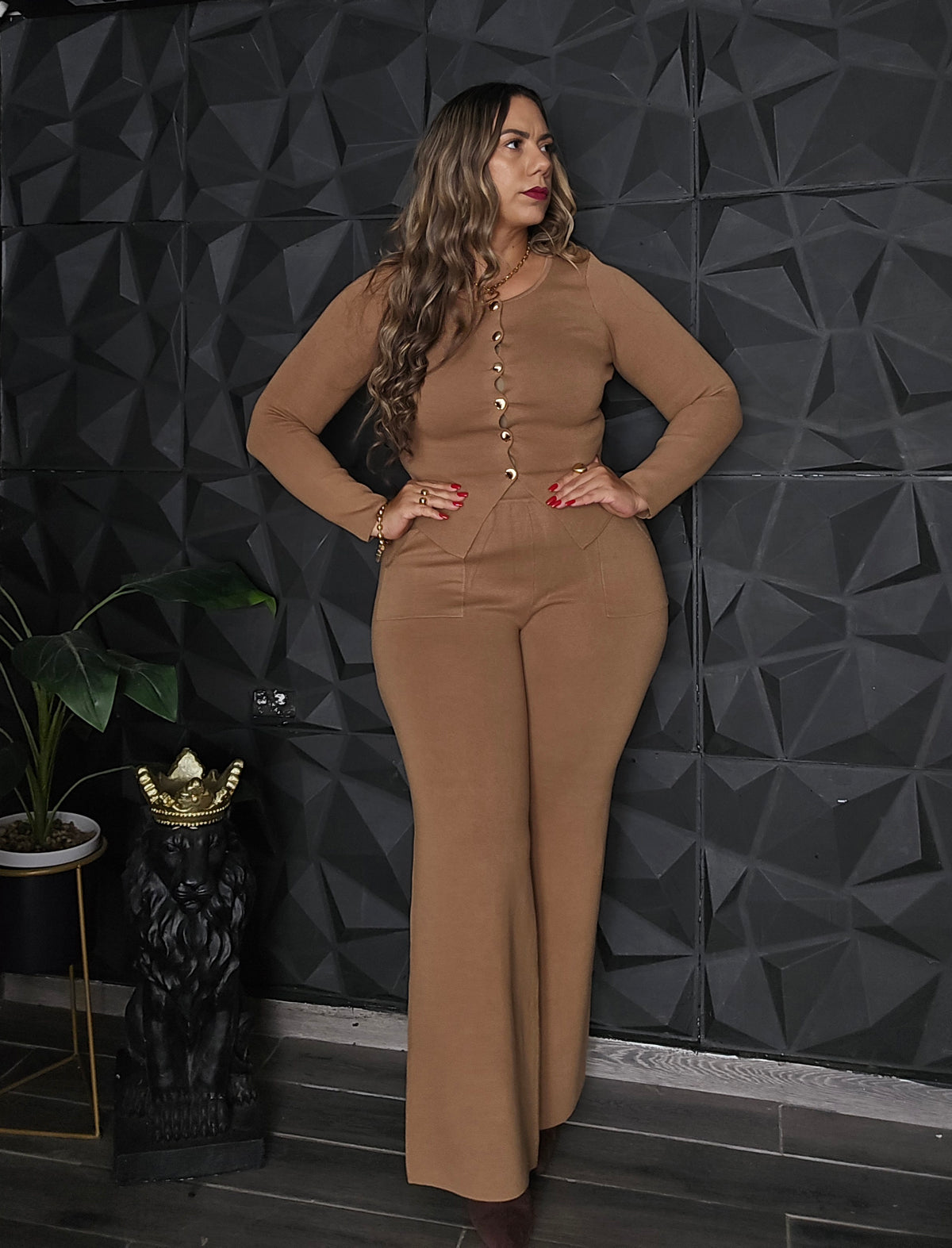 Set de pantalón & top manga larga beige