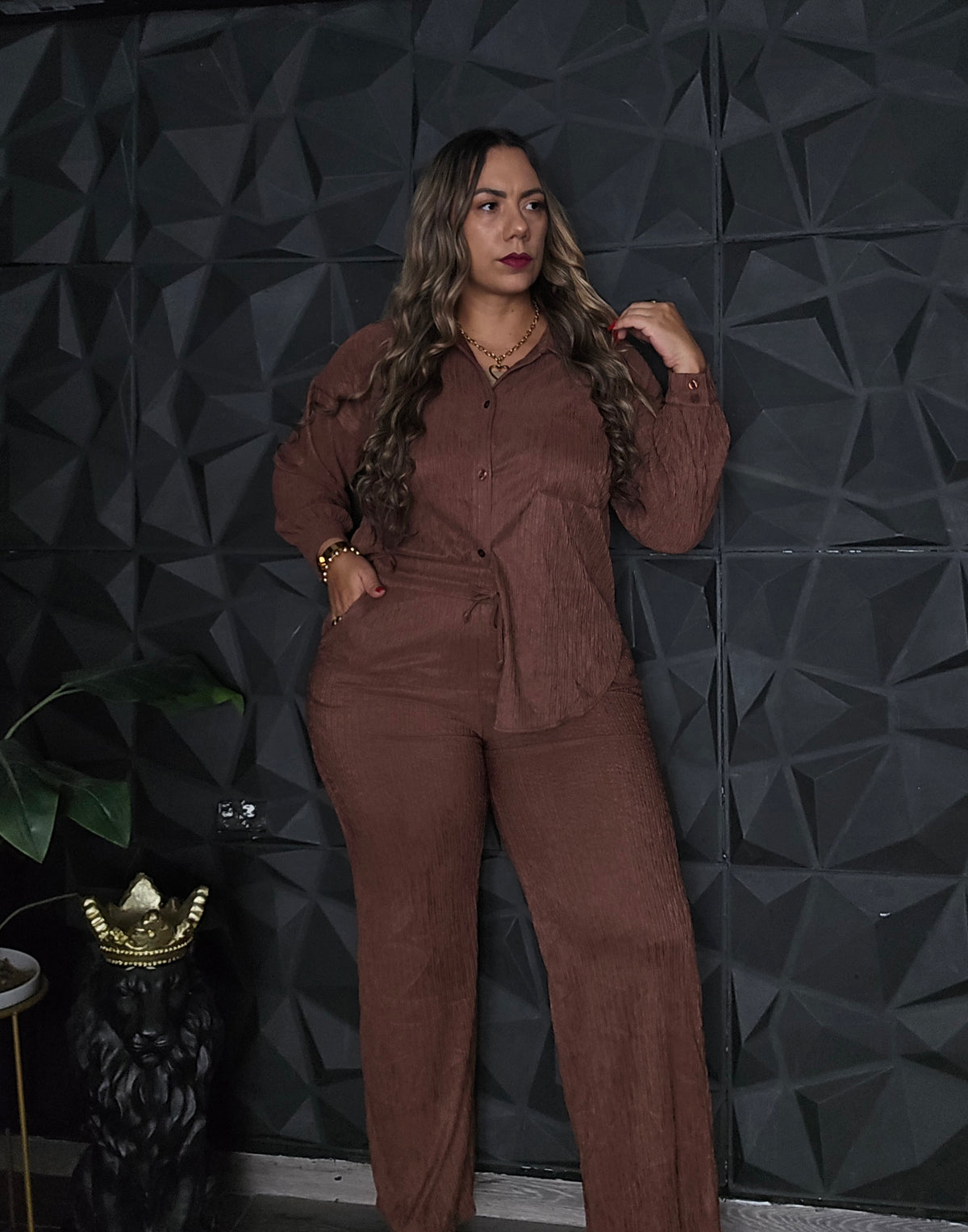 Set Camisa Manga larga & Pantalón Marrón
