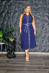 Traje Midi Polka Dot Navy Blue & White