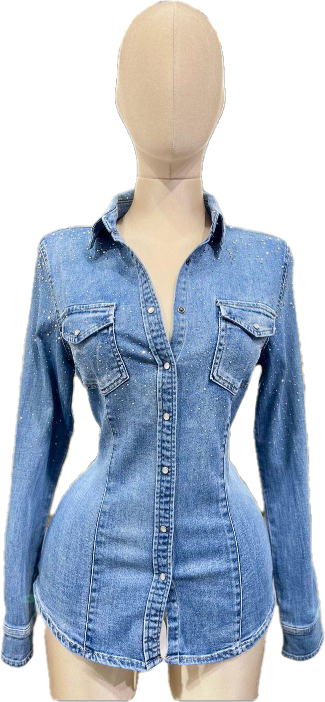 Camisa Denim Piedras Manga Larga