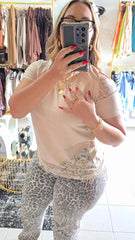 Camisa Lace Manga Corta Beige Línea Colombiana