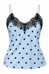 Camisa Azul Satinada Polka Dot con Lace Línea Colombiana