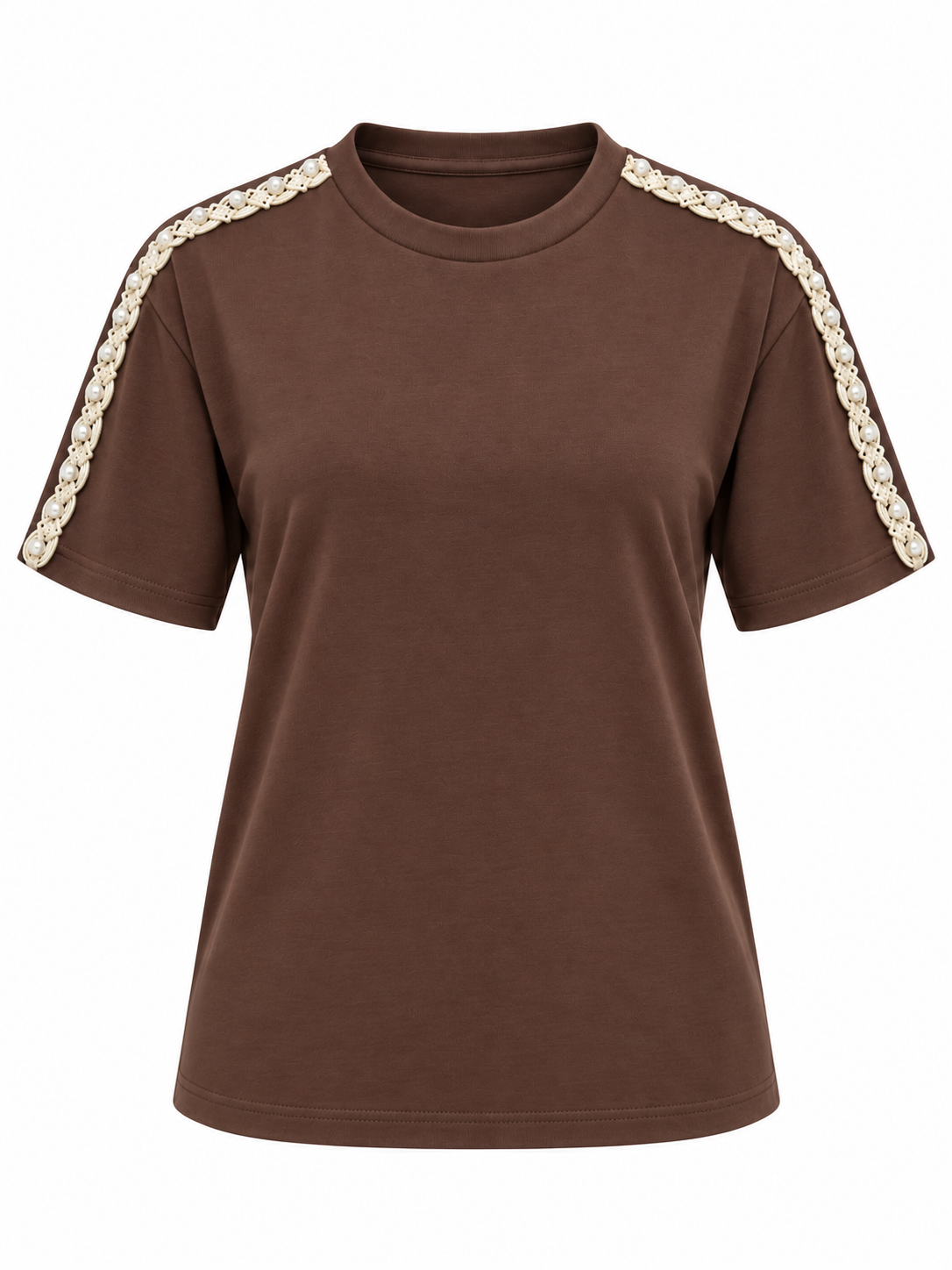 Camisa Café Colombiana con Detalle de Perlas y Croche